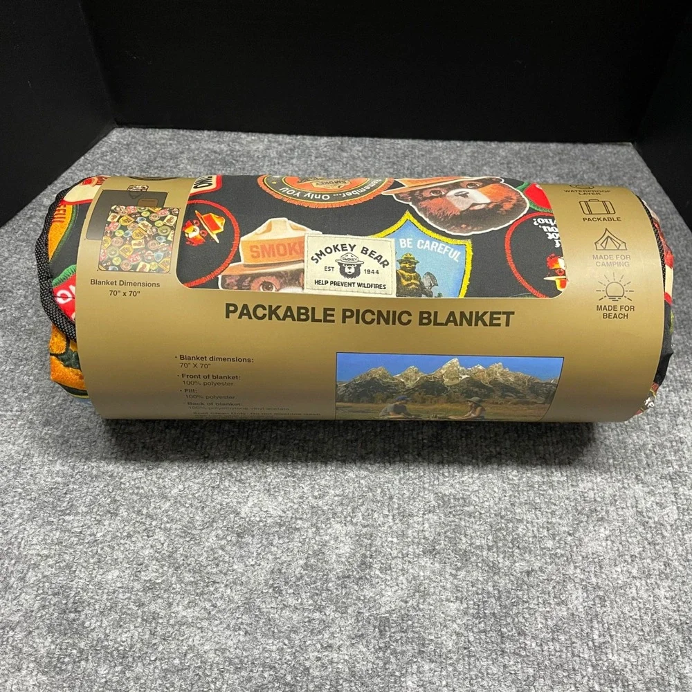Smokey Bear Blanket 70x70 Waterproof Packable Printed Patchwork Picnic Camping